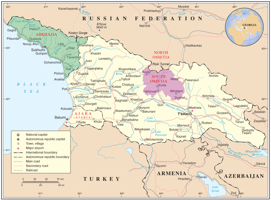Mapa de Georgia con Osetia del Sur y Abjasia resaltadas.