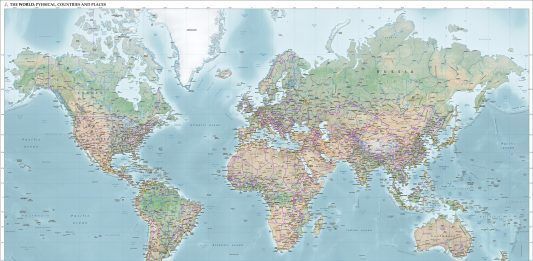 Mapamundi con proyección Mercator, centrado en Europa.