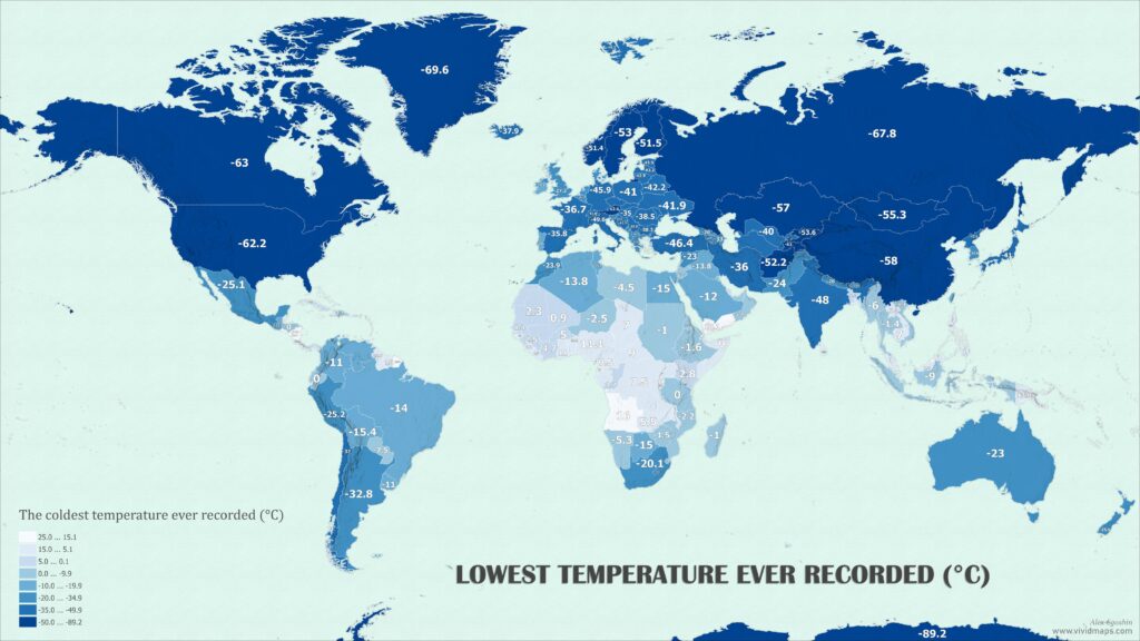Las temperaturas más bajas jamás registradas en el mundo, por países.