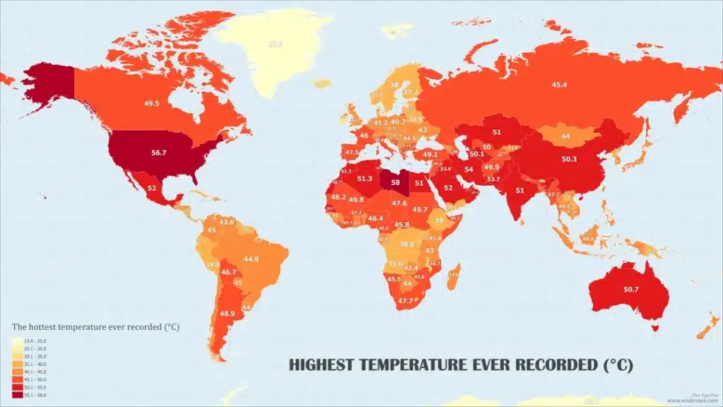 Las temperaturas más altas jamás registradas en el mundo, por países.