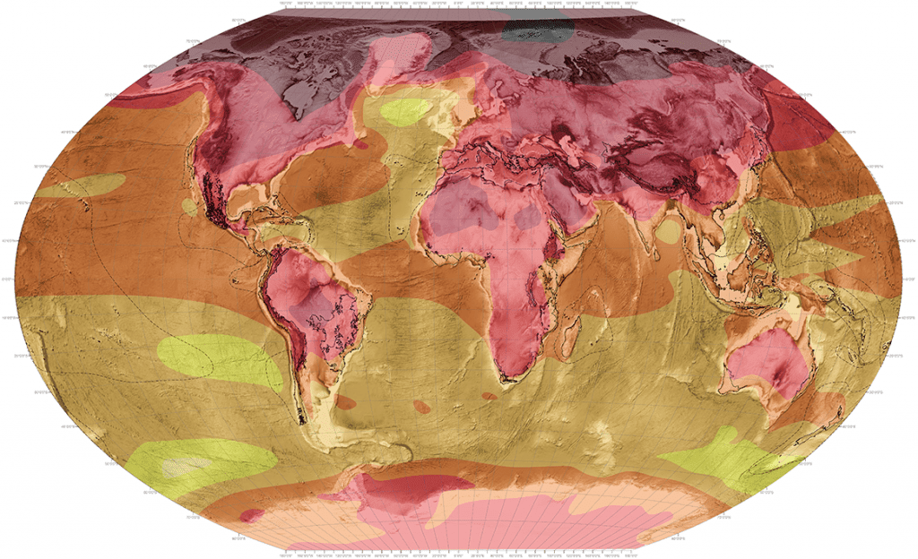 Mapa de las zonas en las que más subirá la temperatura en 2100 (amarillo claro es 1 ºC y rojo oscuro 11 ºC). Atlas para el fin del mundo.