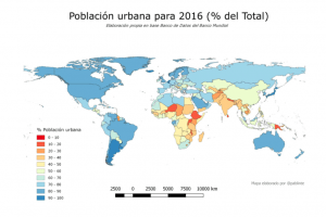 Mapa de la población urbana en el mundo en 2016