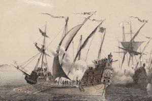 Grabado de las naos 'Trinidad' y 'Victoria' avistando las Molucas