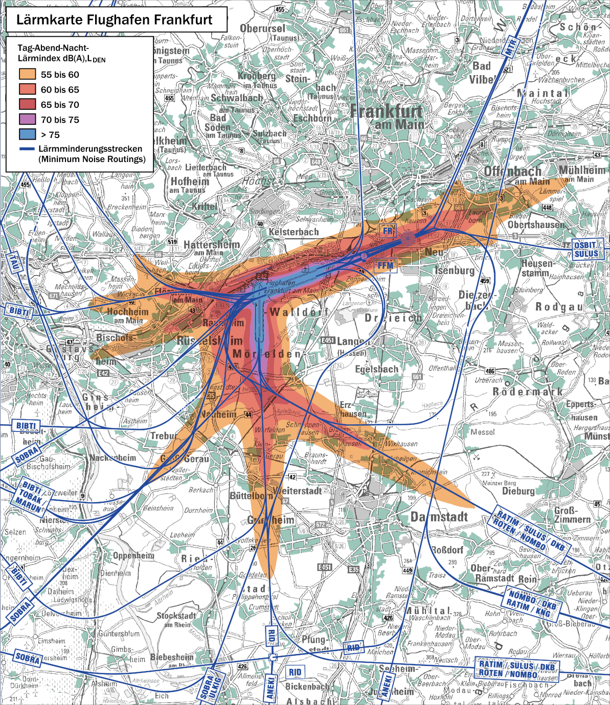 Mapa de ruido del aeropuerto de Frankfurt (Alemania).