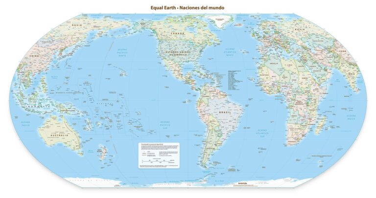 Mapa político que utiliza la proyección Equal Earth, centrado en los 90° oeste.