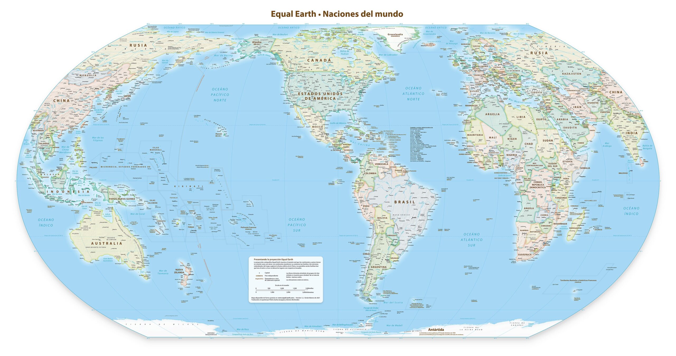 Mapa político que utiliza la proyección Equal Earth, centrado en los 90° oeste.
